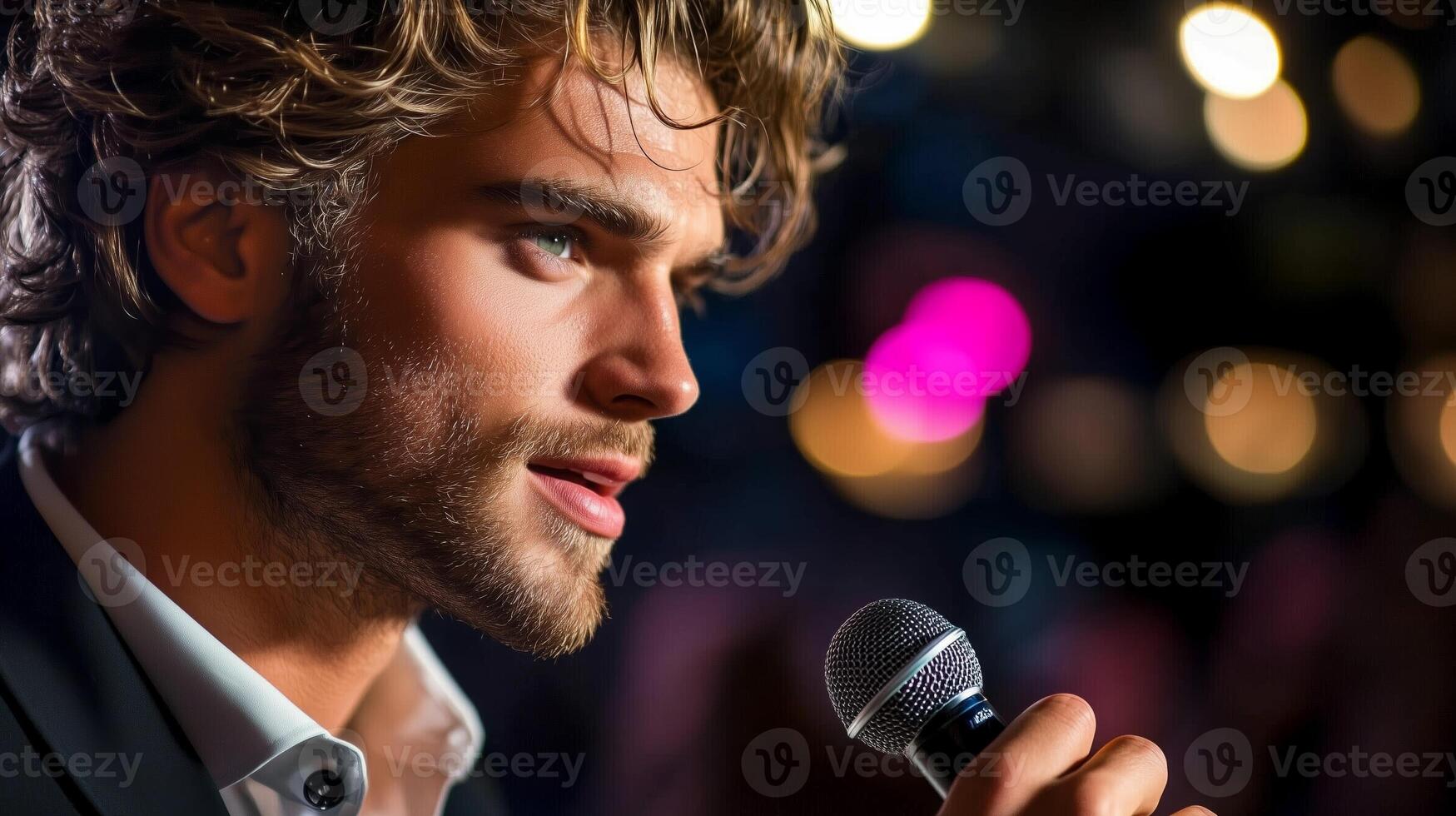 Young man performing passionately with a microphone in a vibrant setting during an evening event photo