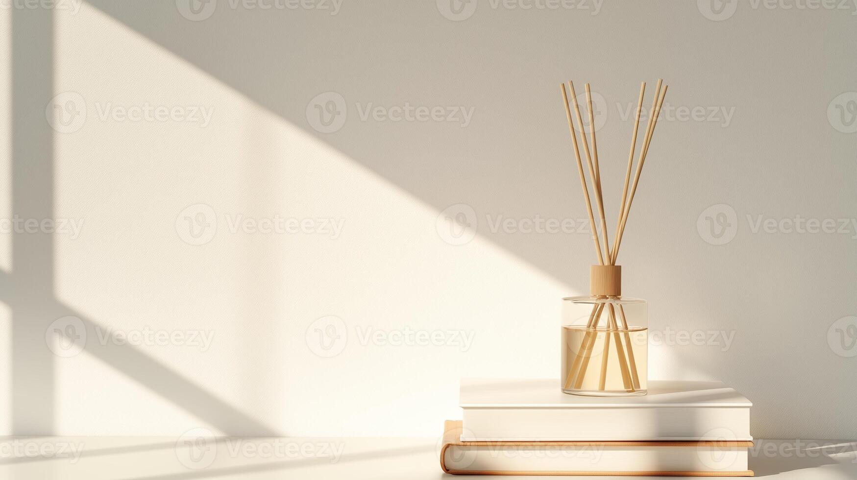 Elegant home fragrance diffuser displayed on stacked books in warm ambient light photo