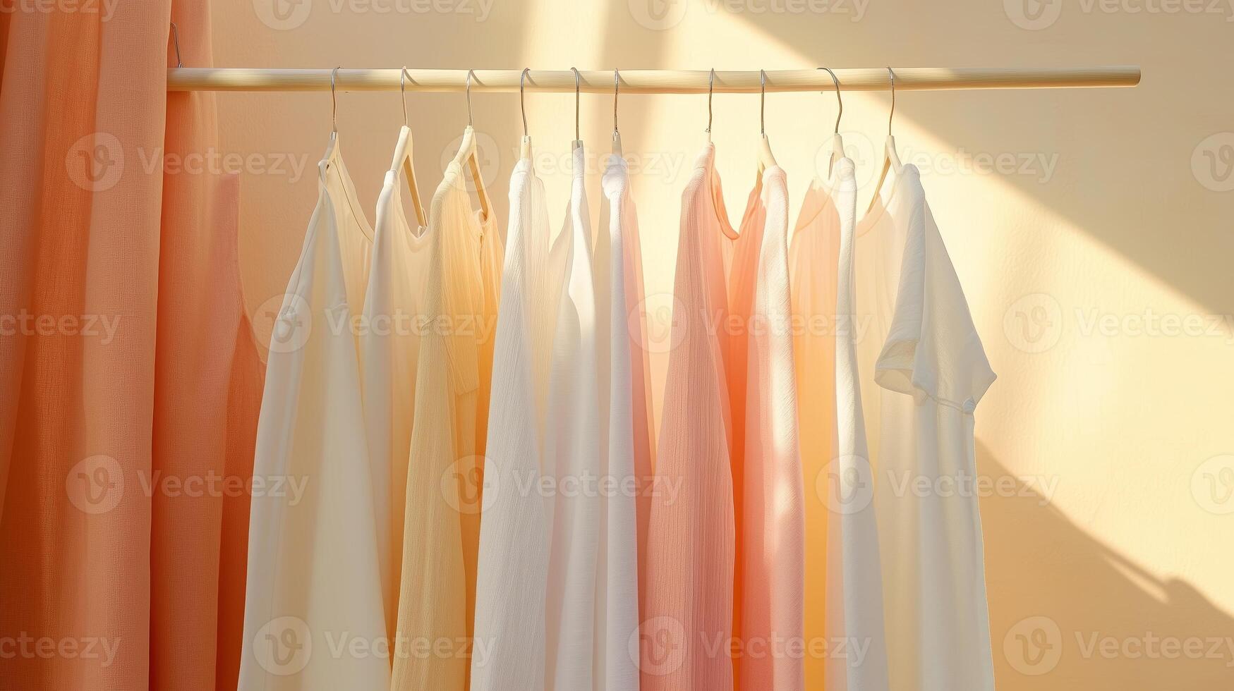 Soft pastel clothing hanging on a wooden rack illuminated by warm sunlight in a cozy interior space photo