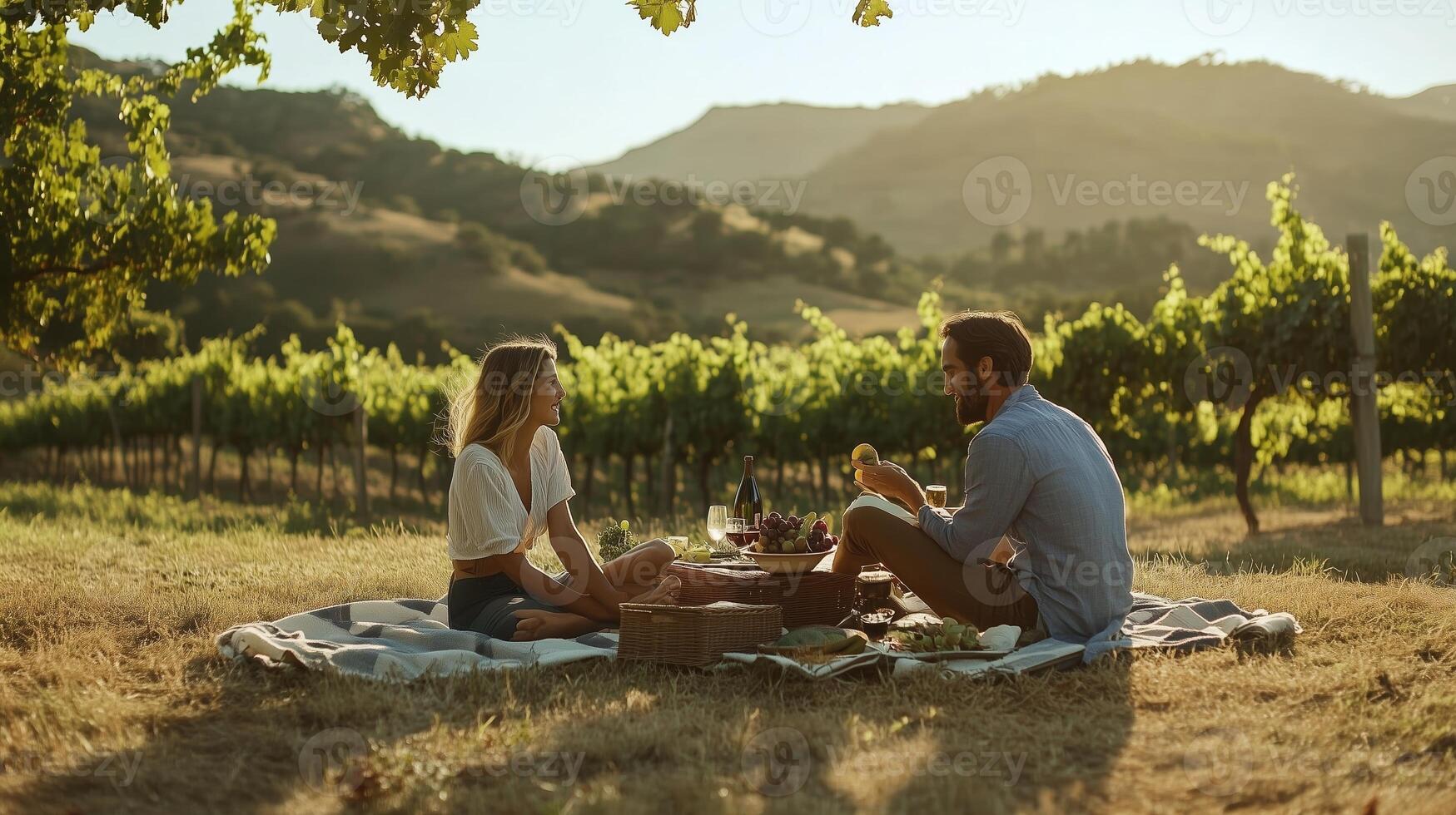 Enjoying a cozy picnic in a sunlit vineyard while tasting fruits and wine during a warm evening in nature's embrace photo