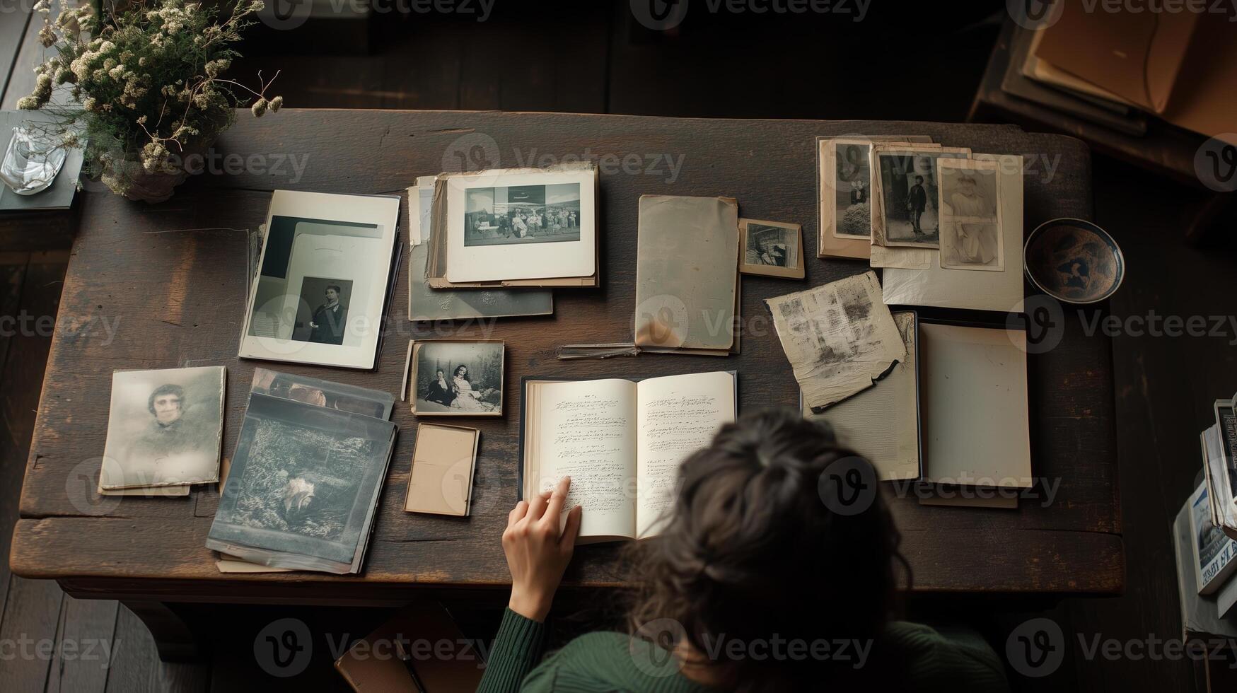 Exploring family history through vintage photographs and documents on a rustic wooden table photo