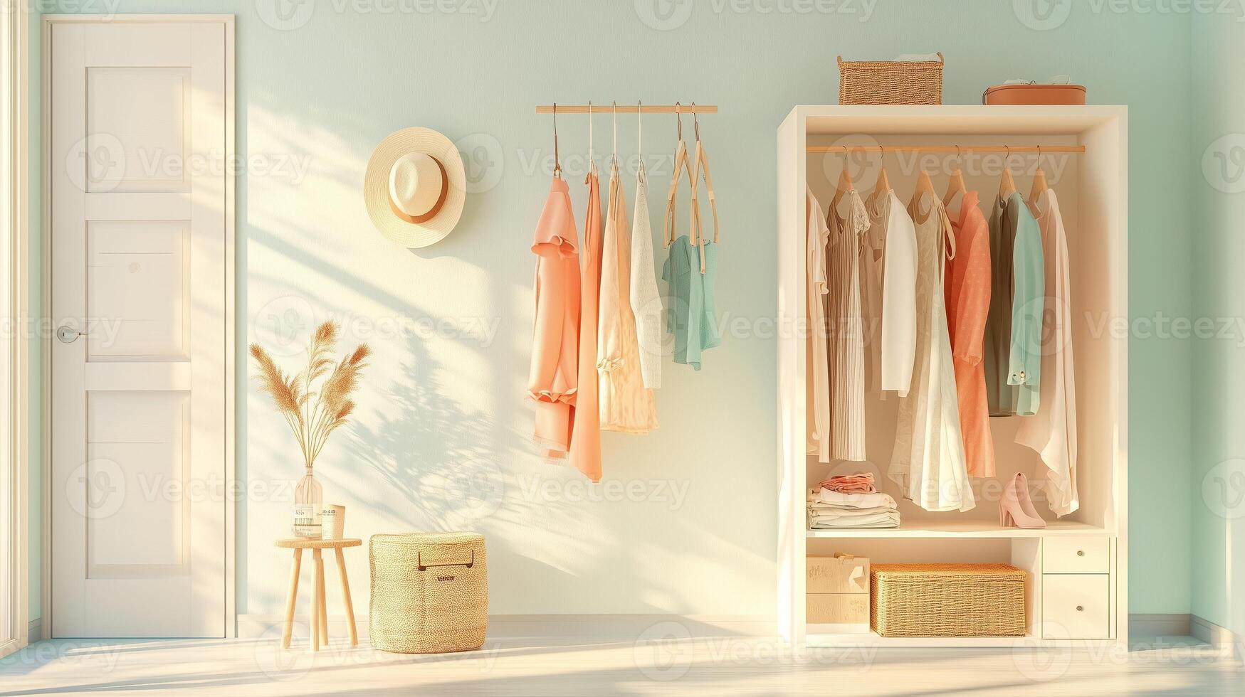 Decorative modern closet in a sunlit room with clothing and stylish decor elements photo
