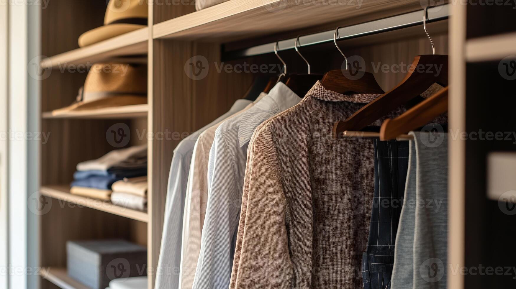 Wardrobe organization featuring various shirts, hats, and neatly folded clothing in a modern setting photo