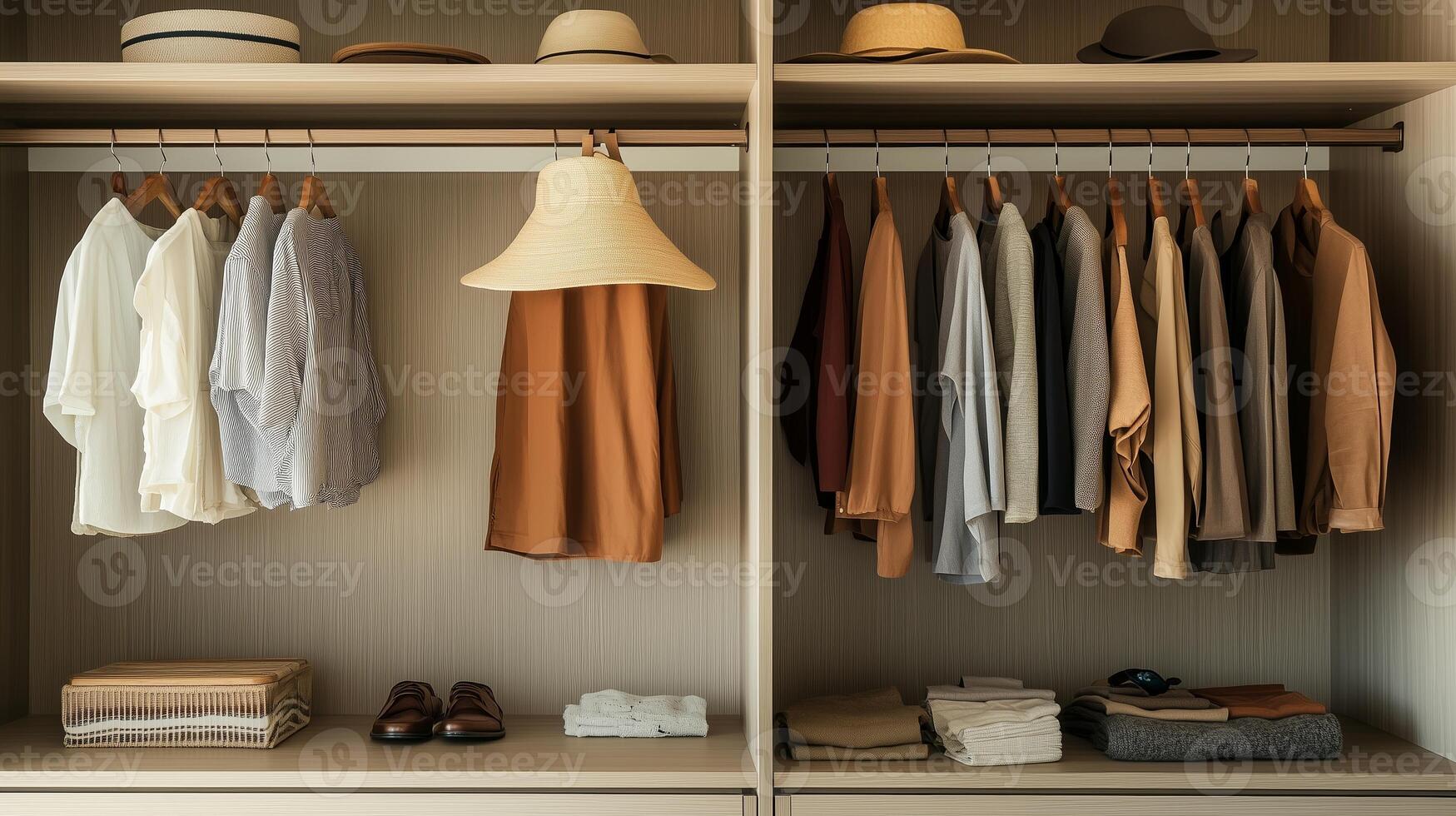 Organized wardrobe displaying a variety of stylish clothing and accessories arranged neatly on hangers and shelves photo