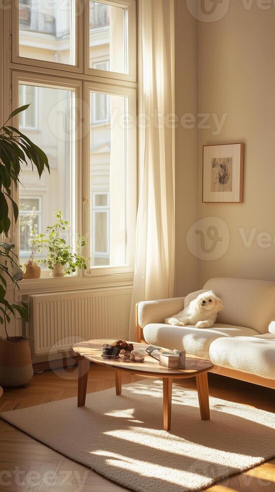 Cozy living room bathed in sunlight with a dog relaxing on the sofa near a large window photo