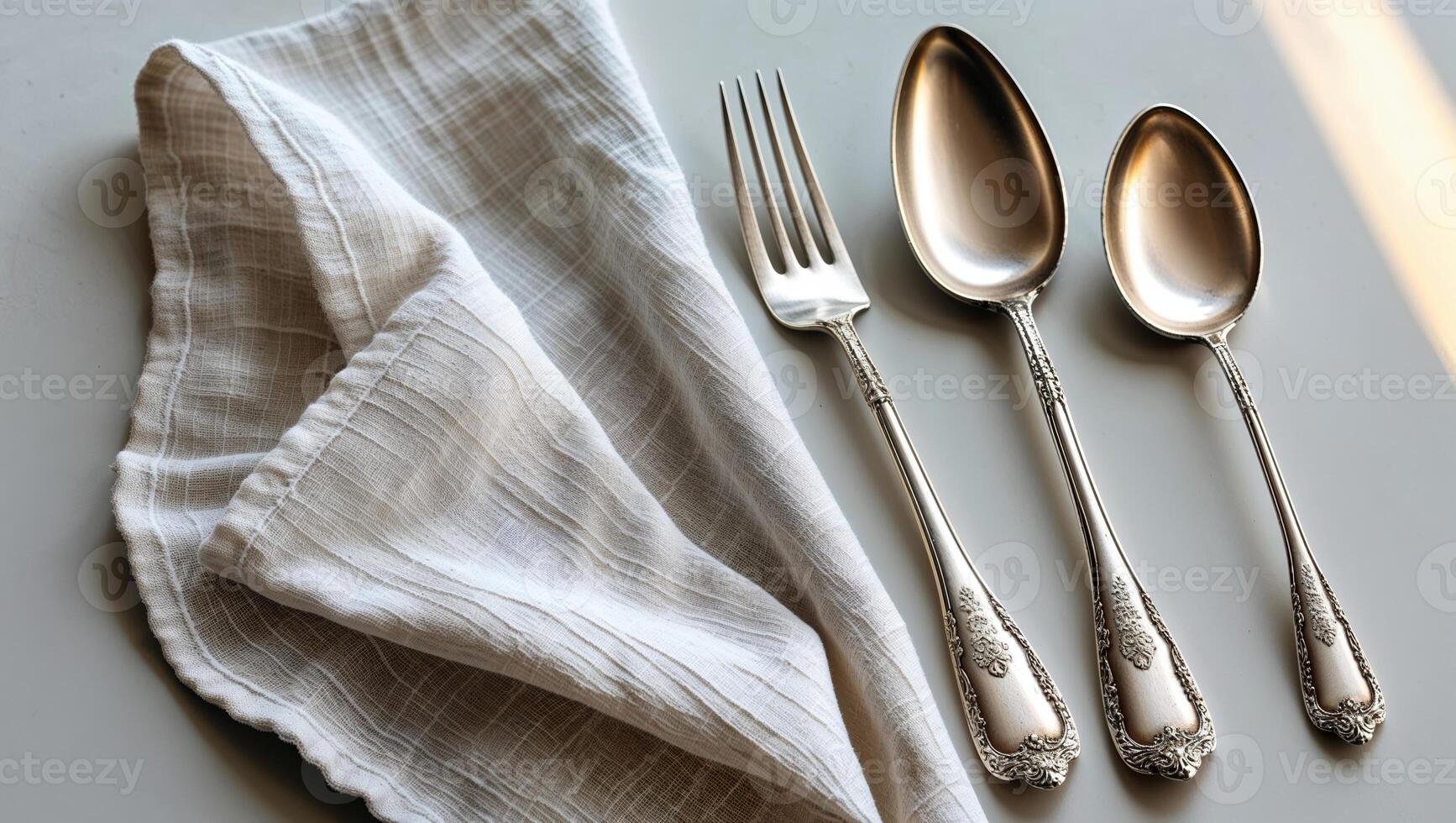 Silver cutlery and linen napkin arranged elegantly on dining table during afternoon light photo