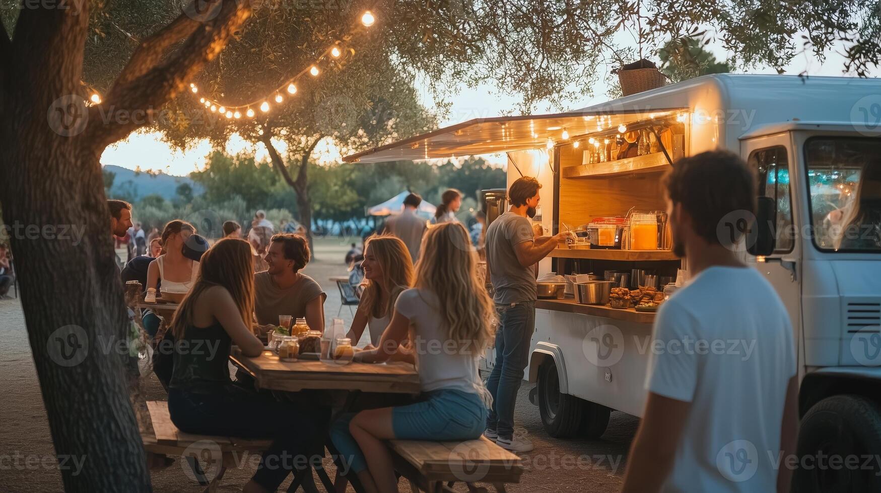 Evening gathering at a food truck in a lively outdoor setting with string lights illuminating the joyful atmosphere photo
