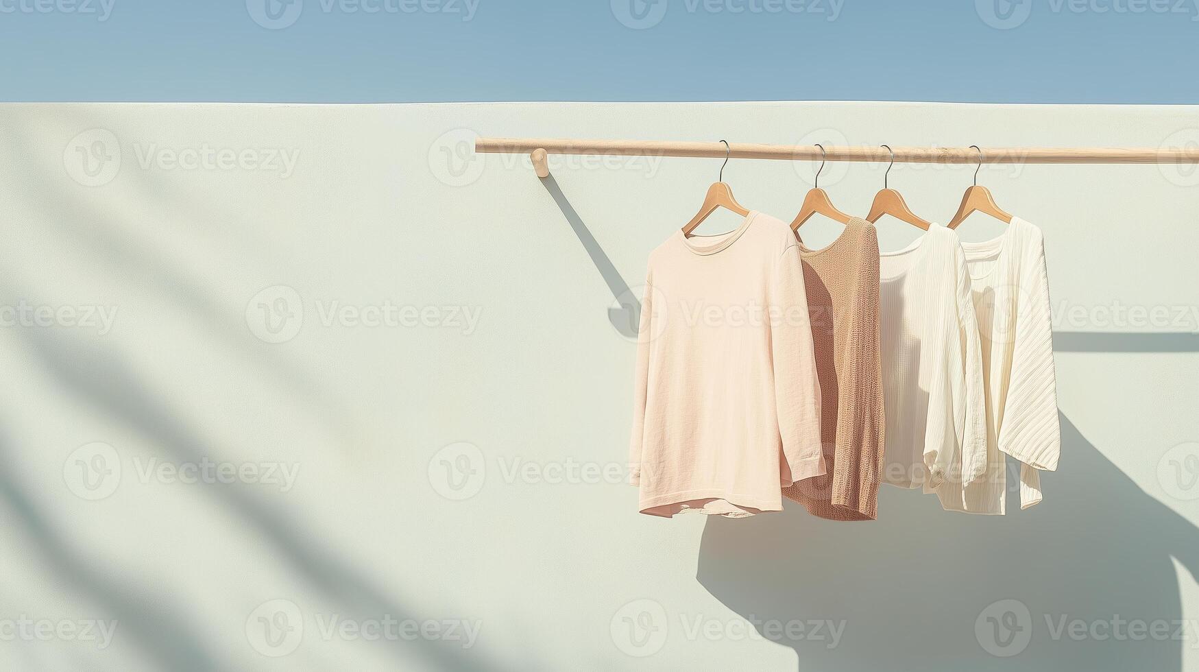 Soft pastel sweaters hanging against a light wall with a clear blue sky in the background during a sunny day photo