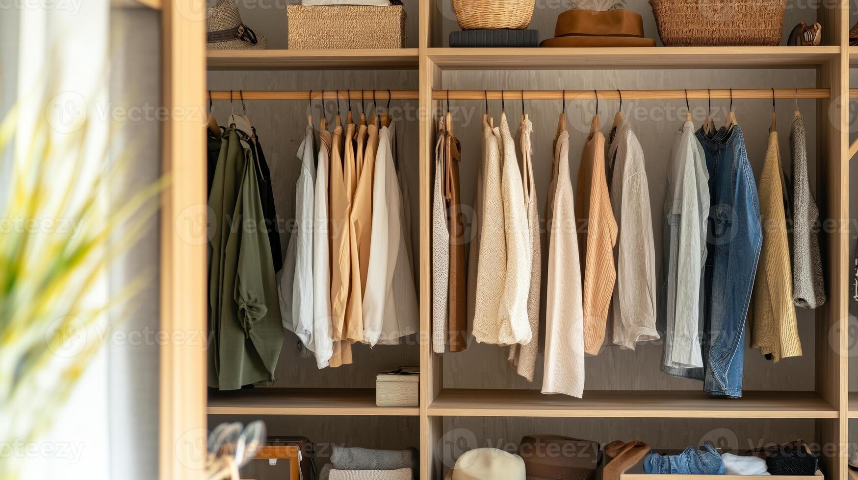 Minimalist wardrobe organization with neatly hung clothing and natural light in the interior space photo