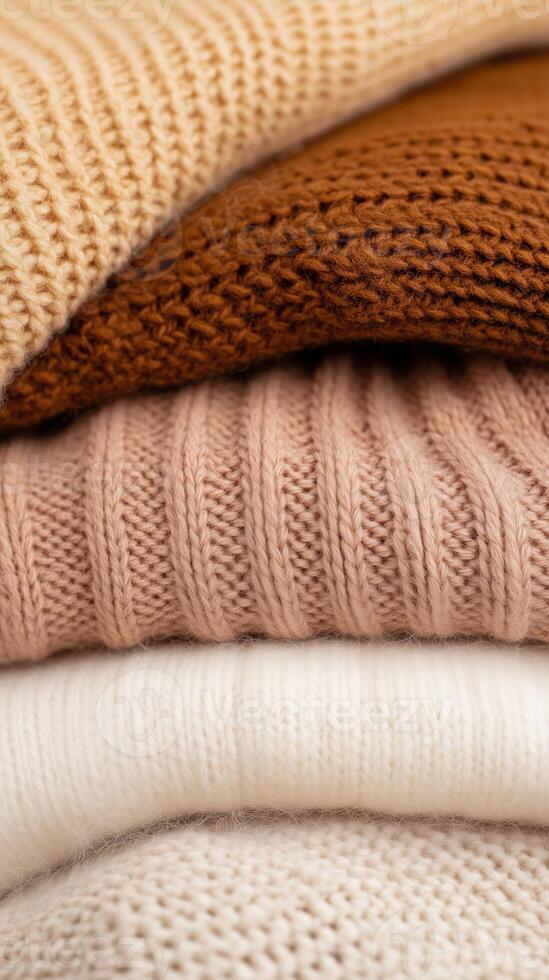 Warm and cozy knitted sweaters stacked together showcasing various textures and earthy tones in a serene indoor setting photo