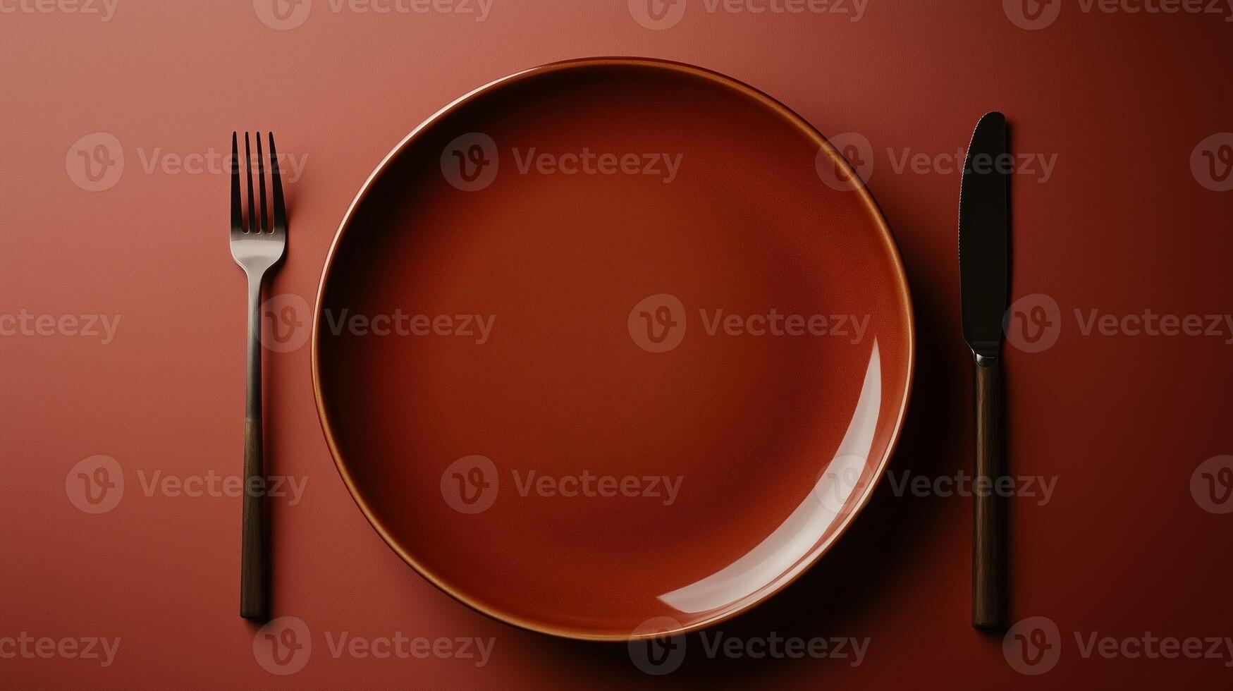 Elegant dining setup with a brown plate, knife, and fork on a simple backdrop, conveying a minimalist aesthetic ideal for mealtime photo
