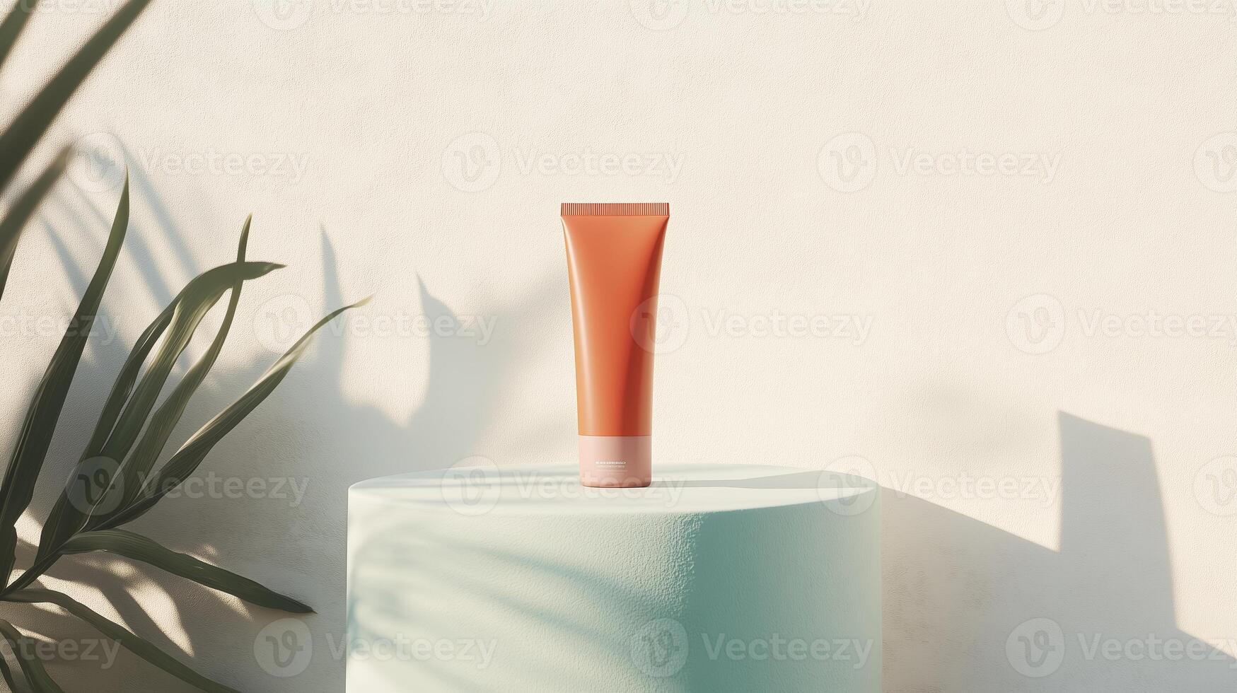 Skin care product displayed on a minimalist pedestal surrounded by soft shadows and tropical leaves during daylight photo