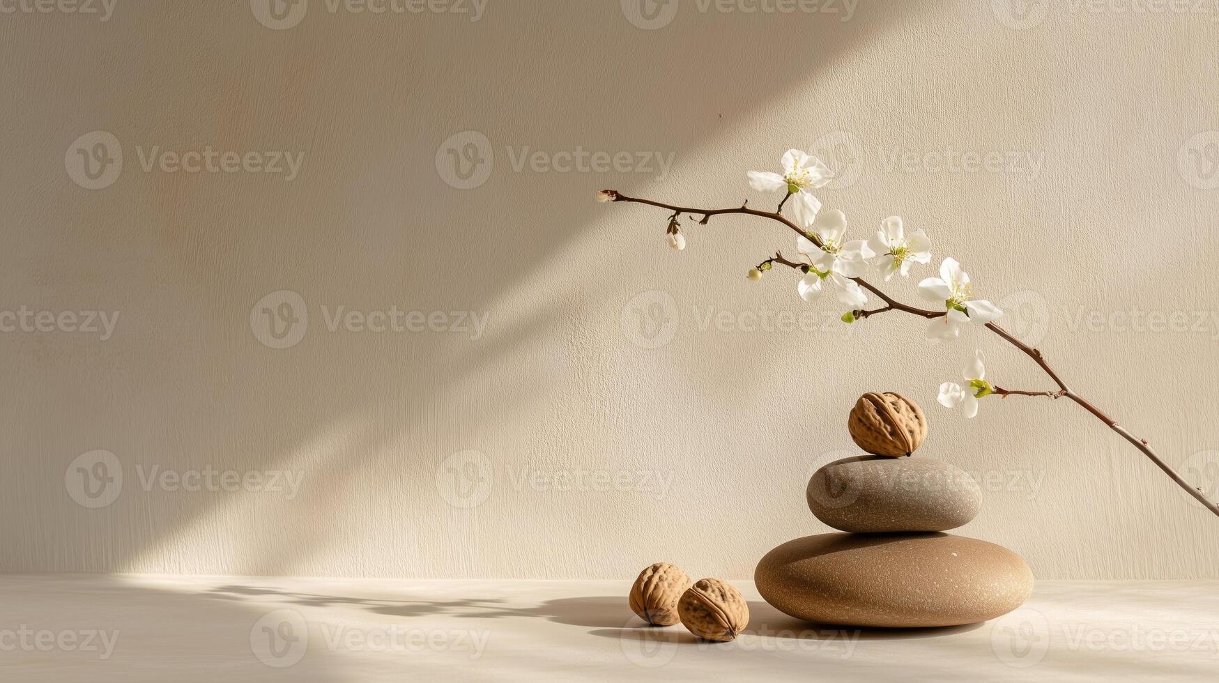 Decorative arrangement of stones and walnuts with blossoming branch set against a minimalist background photo