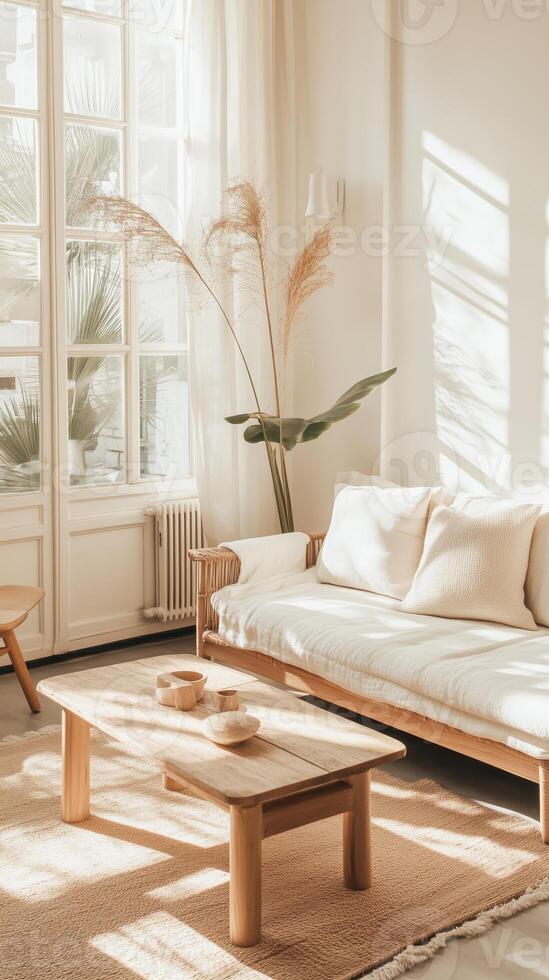 Soft sunlight illuminates a cozy living room filled with natural decor and warm tones photo