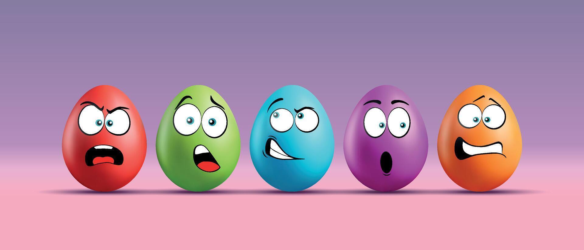 Color eggs with funny faces on gradient background. Angry, playful, surprised emotions, cartoon smile. Set of eggs emoji. Happy Easter holiday illustration. vector