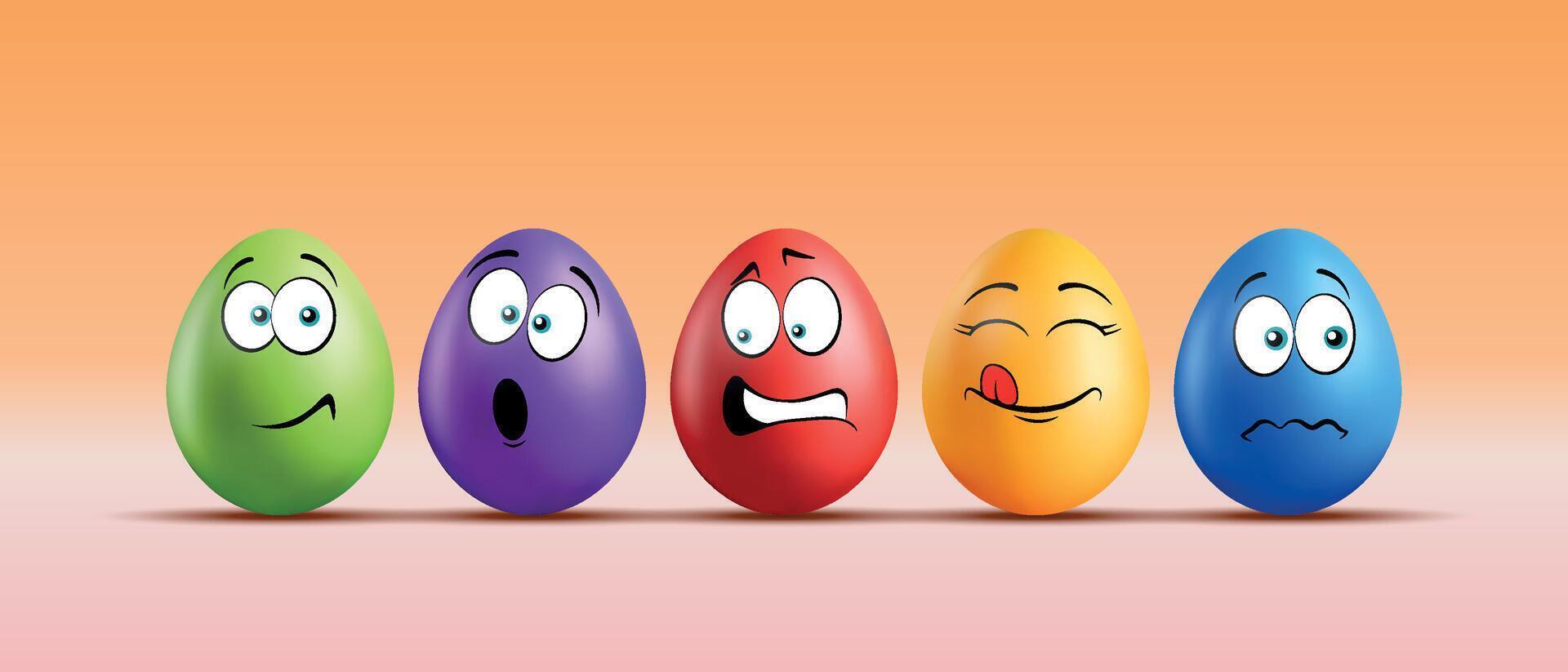 Color eggs with funny faces on gradient background. Funny, smiling, sad, frightened, scared, playful emotions, cartoon smile. Set of eggs emoji. Happy Easter holiday illustration. vector