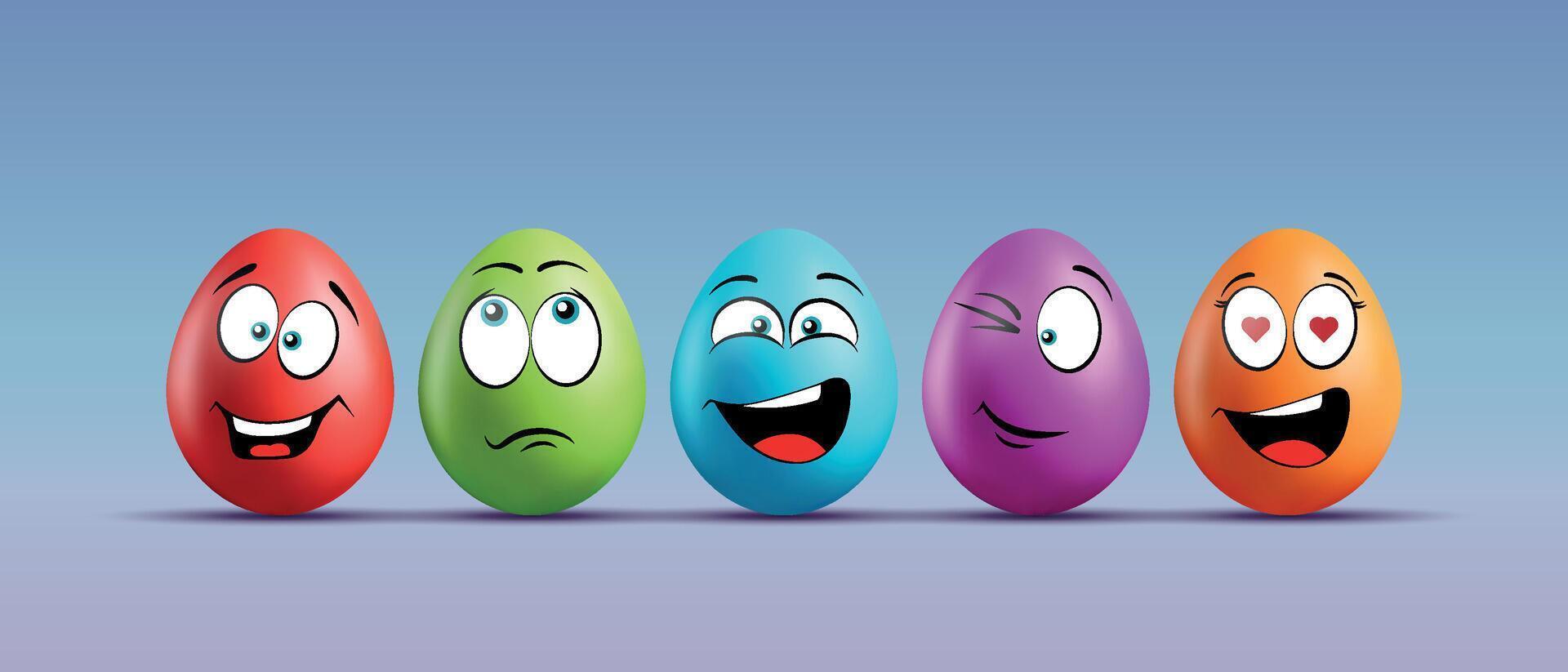 Color eggs with funny faces on gradient background. Funny, laughing, smiling, sad, enamored, winking emotions, cartoon smile. Set of eggs emoji. Happy Easter holiday illustration. vector