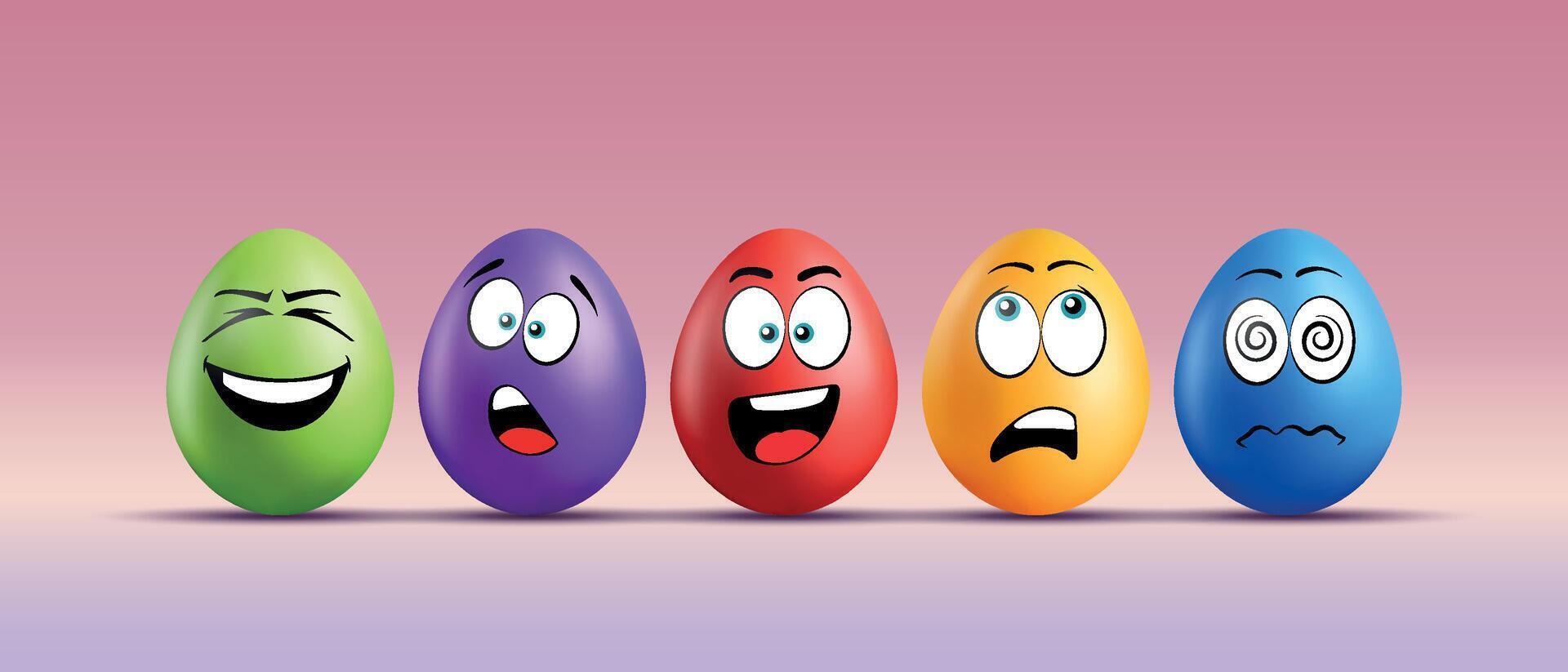 Color eggs with funny faces on gradient background. Funny, laughing, smiling, frightened, scared, shocked emotions, cartoon smile. Set of eggs emoji. Happy Easter holiday illustration. vector
