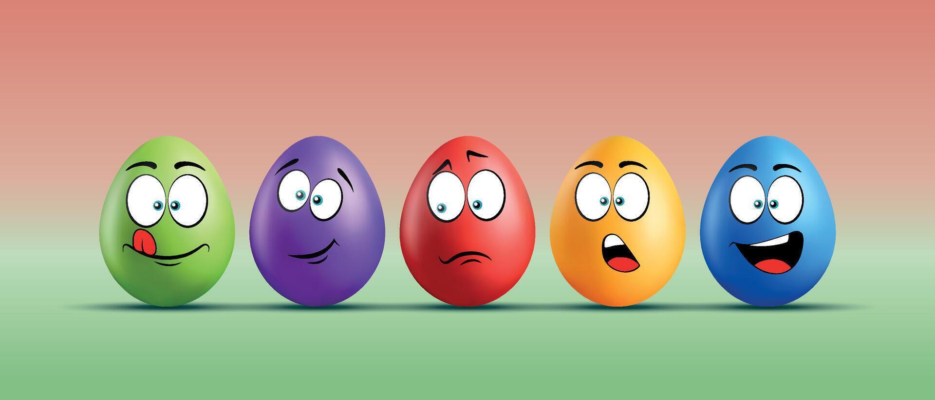 Color eggs with funny faces on gradient background. Playful, funny, laughing, smiling, sad, frightened, shocked emotions, cartoon smile. Set of eggs emoji. Happy Easter holiday illustration. vector