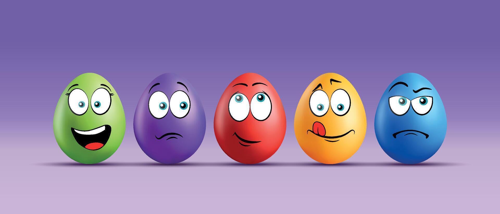 Color eggs with funny faces on gradient background. Funny, laughing, smiling, sad, playful, upset, cute emotions, cartoon smile. Set of eggs emoji. Happy Easter holiday illustration. vector