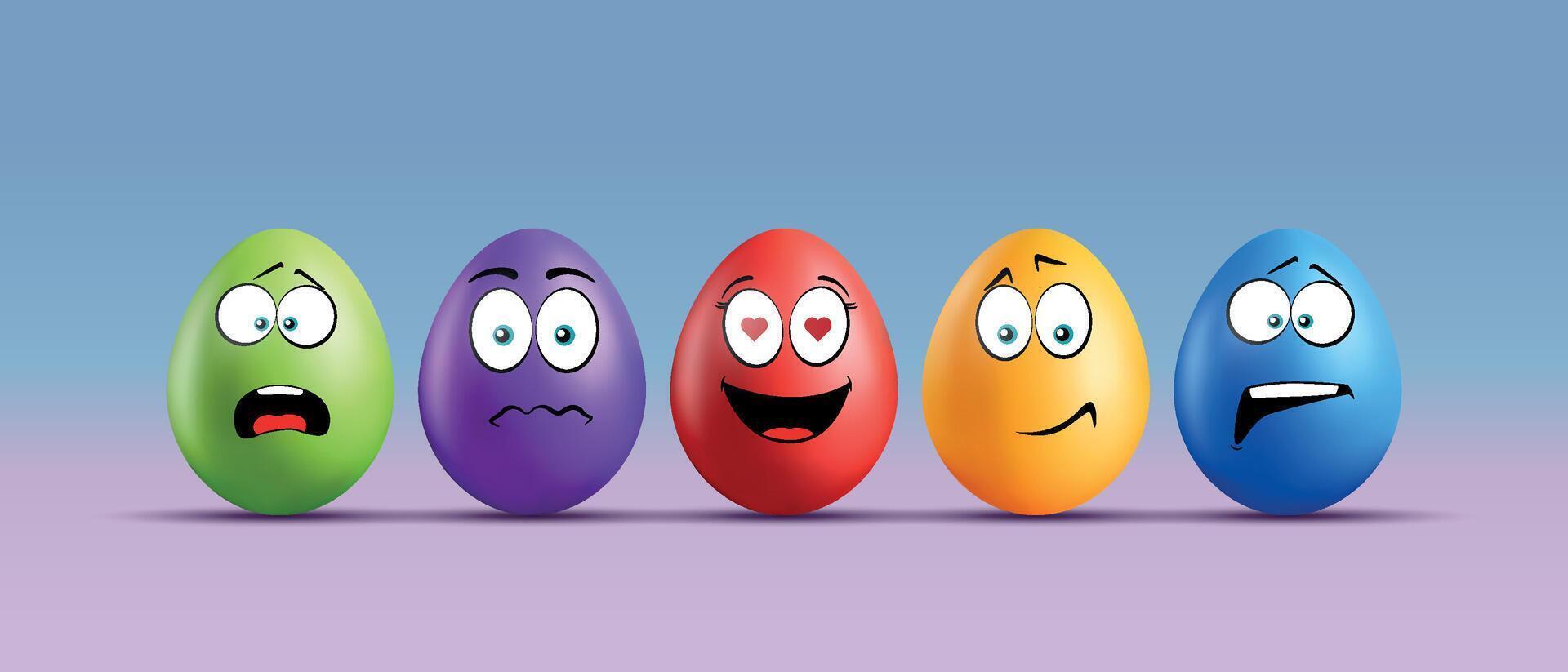 Color eggs with funny faces on gradient background. Scared, funny, laughing, smiling, sad, frightened, enamored emotions, cartoon smile. Set of eggs emoji. Happy Easter holiday illustration. vector
