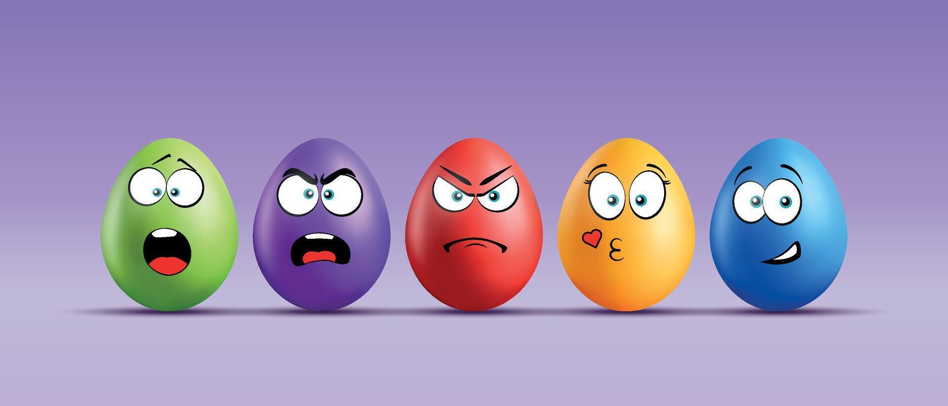 Color eggs with funny faces on gradient background. Enamored, sad, frightened, angry, shocked emotions, cartoon smile. Set of eggs emoji. Happy Easter holiday illustration. vector