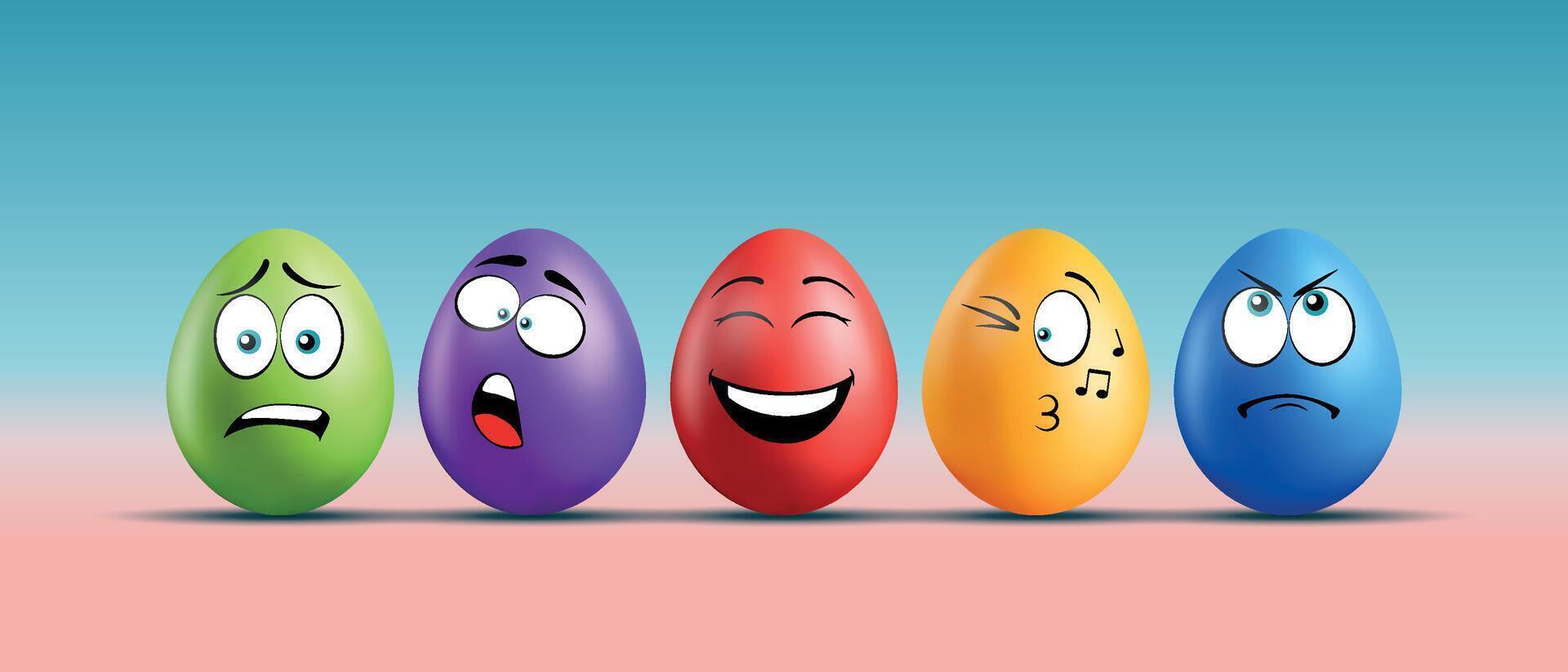 Color eggs with funny faces on gradient background. Funny, laughing, smiling, sad, frightened emotions, shocked, whistling, winking cartoon smile. Set of eggs emoji. Happy Easter holiday illustration. vector