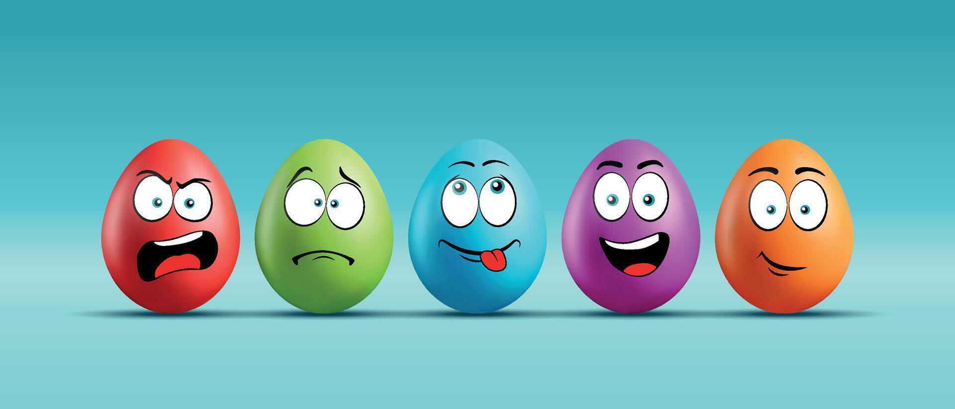 Color eggs with funny faces on gradient background. Funny, laughing, smiling, sad, playful, angry emotions, cartoon smile. Set of eggs emoji. Happy Easter holiday illustration. vector