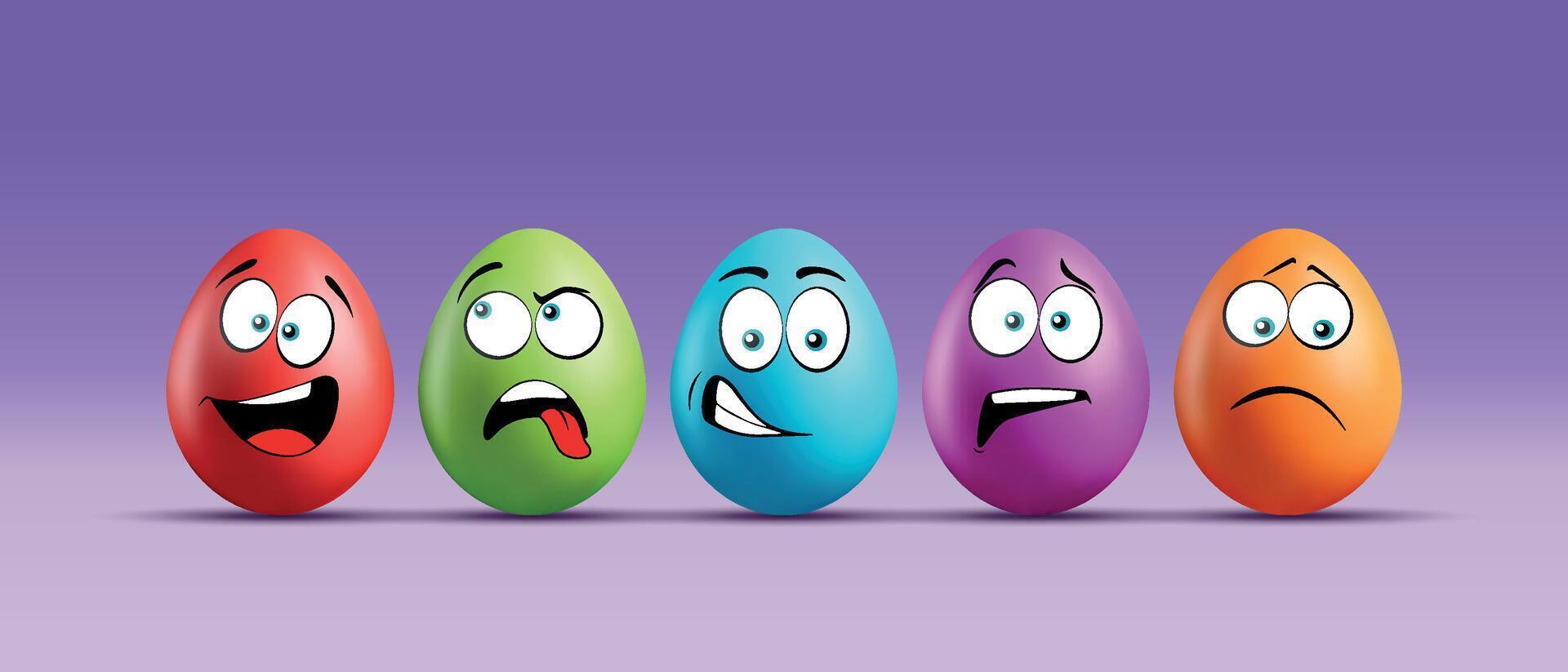 Color eggs with funny faces on gradient background. Funny, laughing, smiling, sad, playful, tired, bored, funky emotions, cartoon smile. Set of eggs emoji. Happy Easter holiday illustration. vector