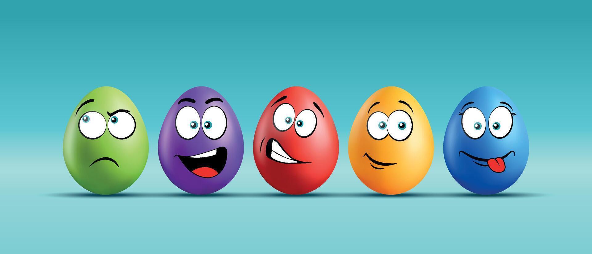 Color eggs with funny faces on gradient background. Funny, laughing, smiling, sad, playful, cute, shy emotions, cartoon smile. Set of eggs emoji. Happy Easter holiday illustration. vector