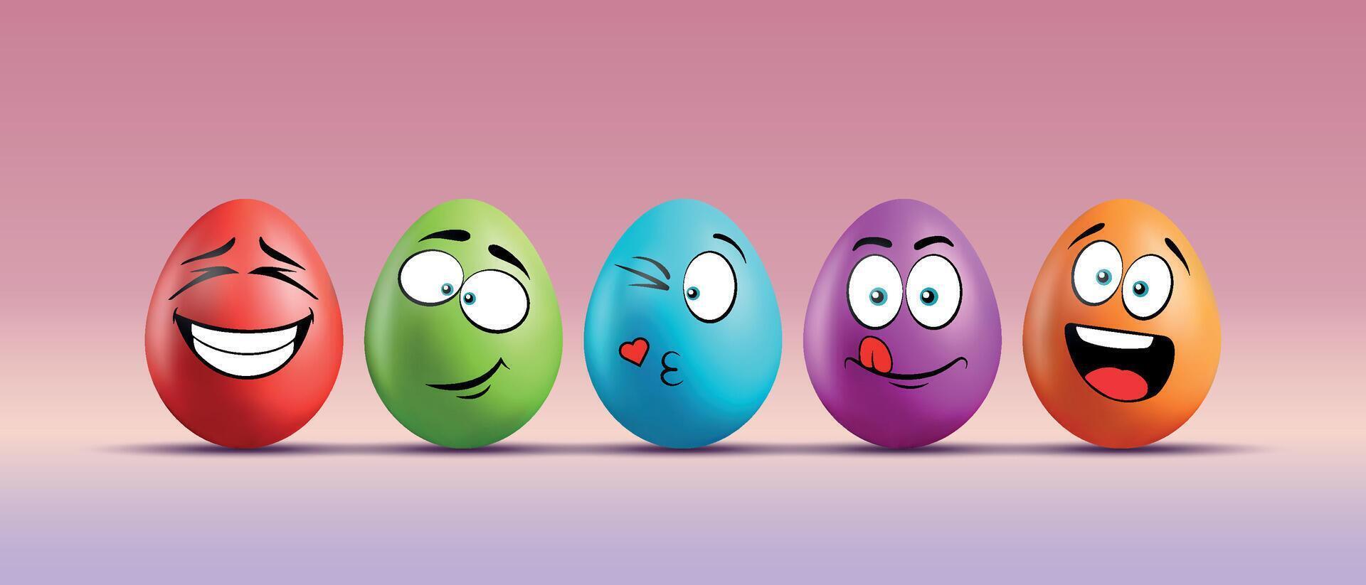 Color eggs with funny faces on gradient background. Funny, laughing, smiling, playful, cute emotions, cartoon smile. Set of eggs emoji. Happy Easter holiday illustration. vector