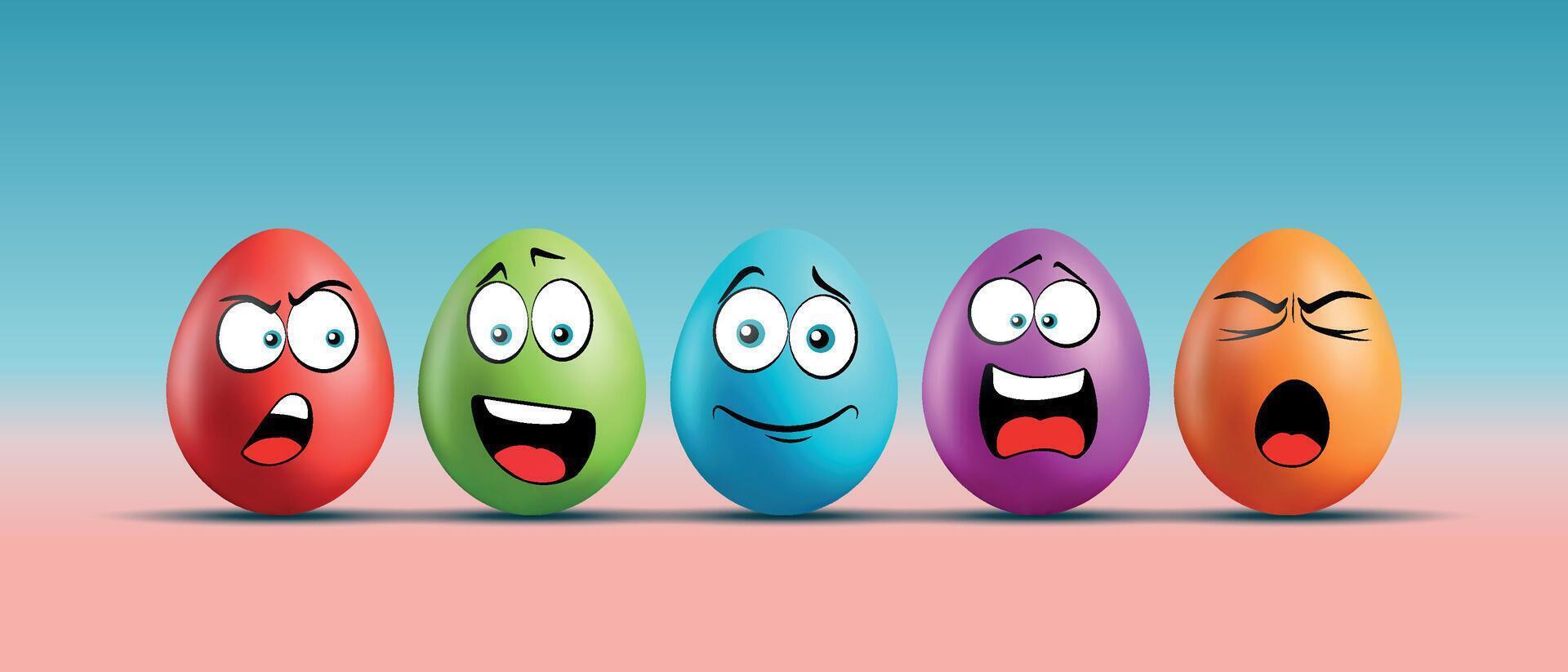 Color eggs with funny faces on gradient background. Funny, laughing, smiling, sad, frightened, irritated, yawning emotions, cartoon smile. Set of eggs emoji. Happy Easter holiday illustration. vector