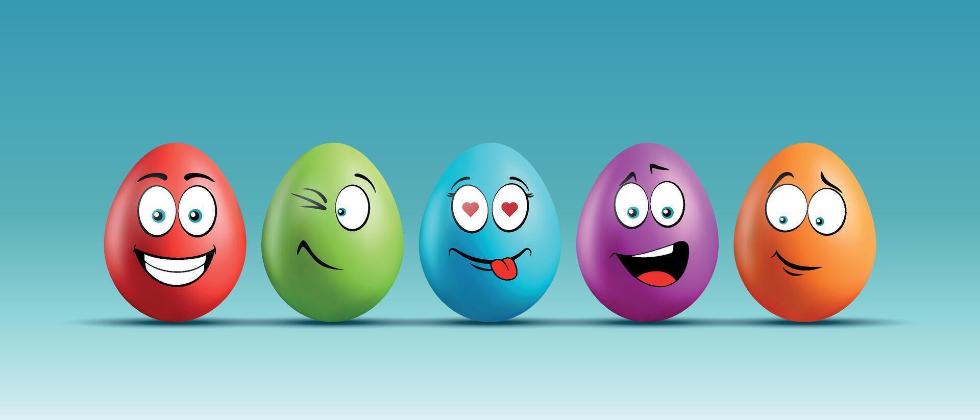Color eggs with funny faces on gradient background. Funny, laughing, smiling, enamored, winking, playful emotions, cartoon smile. Set of eggs emoji. Happy Easter holiday illustration. vector