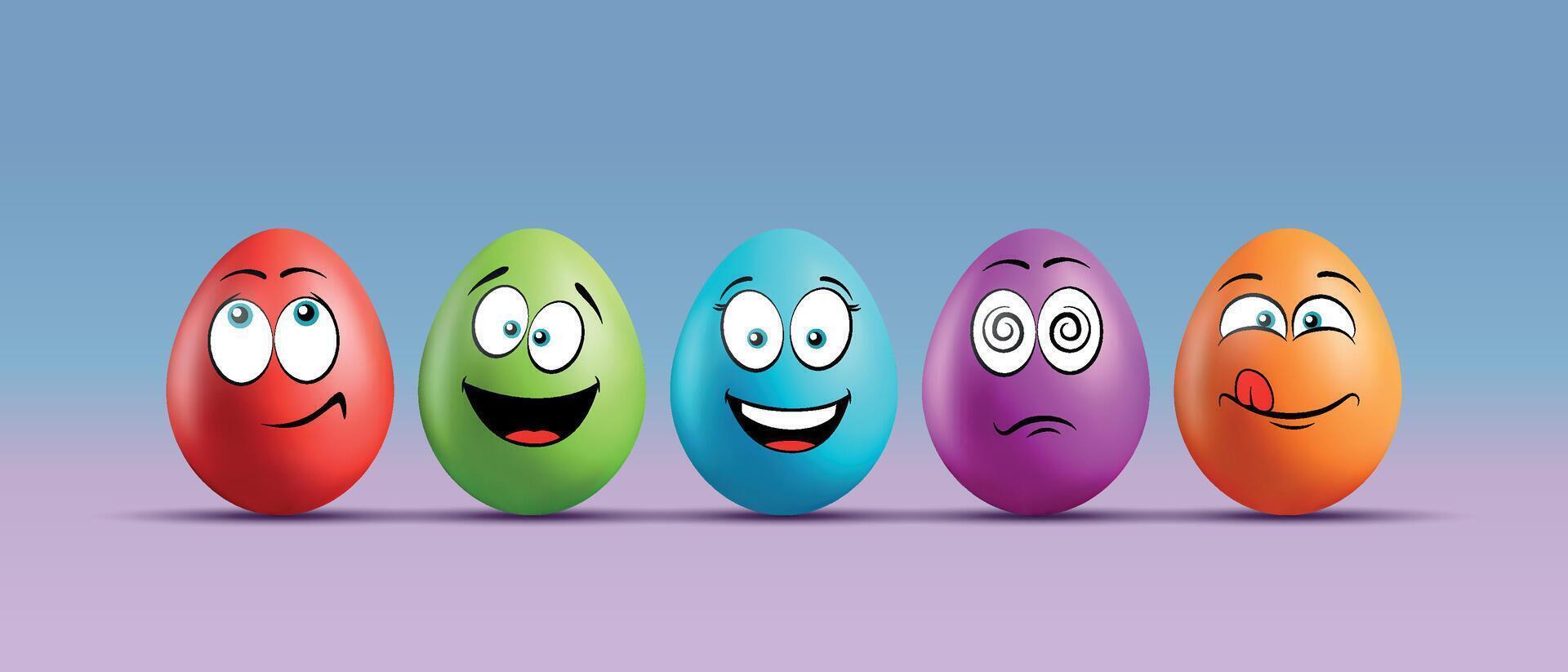 Color eggs with funny faces on gradient background. Funny, laughing, smiling, sad, shocked, cute emotions, cartoon smile. Set of eggs emoji. Happy Easter holiday illustration. vector