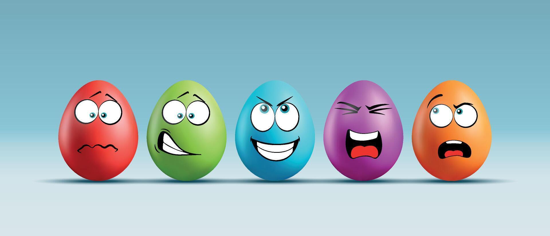 Color eggs with funny faces on gradient background. Funny, laughing, smiling, sad, playful, evil, frightened emotions, cartoon smile. Set of eggs emoji. Happy Easter holiday illustration. vector