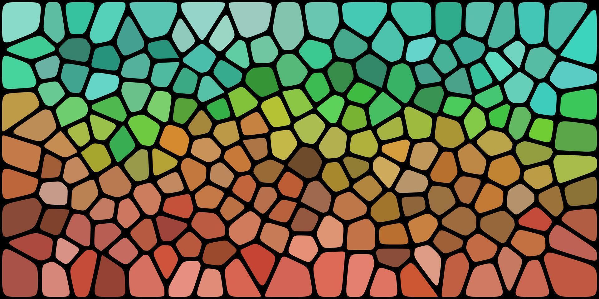 A vibrant mosaic pattern with irregular polygons, transitioning from earthy reds to lush greens and cool blues, resembling nature-inspired stained glass. vector