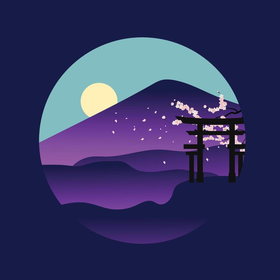 illustration template design with sakura cherry blossom and Torii gate, natural views and full moon in blue vector