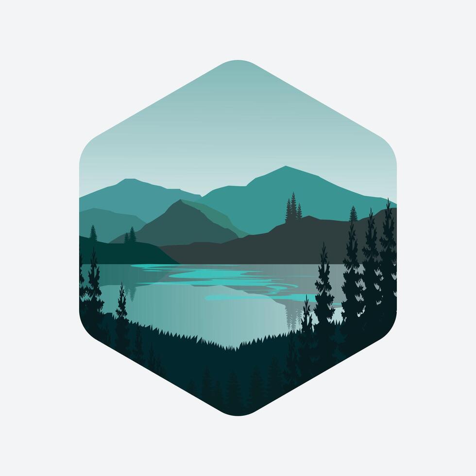 Landscape with natural view from mountain, tree, and lake. Decoration template vector
