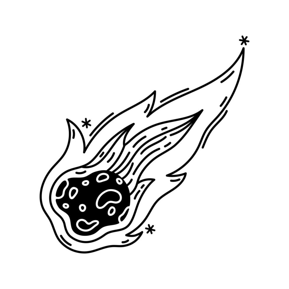 Falling meteorite icon. Burning asteroid with craters, comet with fiery tail. Space object, astrology and astronomy. Hand drawn black and white meteor, cosmic stars. Simple isolated doodle vector