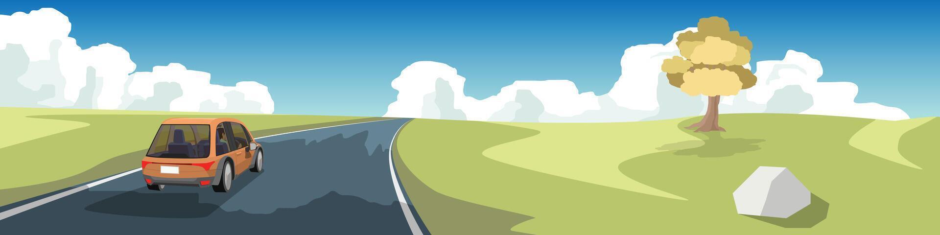 Horizontal or Landscape of new asphalt road. With travel car orange color can view inside with driving man. Landscape of grassy plains. There is a solitary tree. Under blue sky and white clouds. vector
