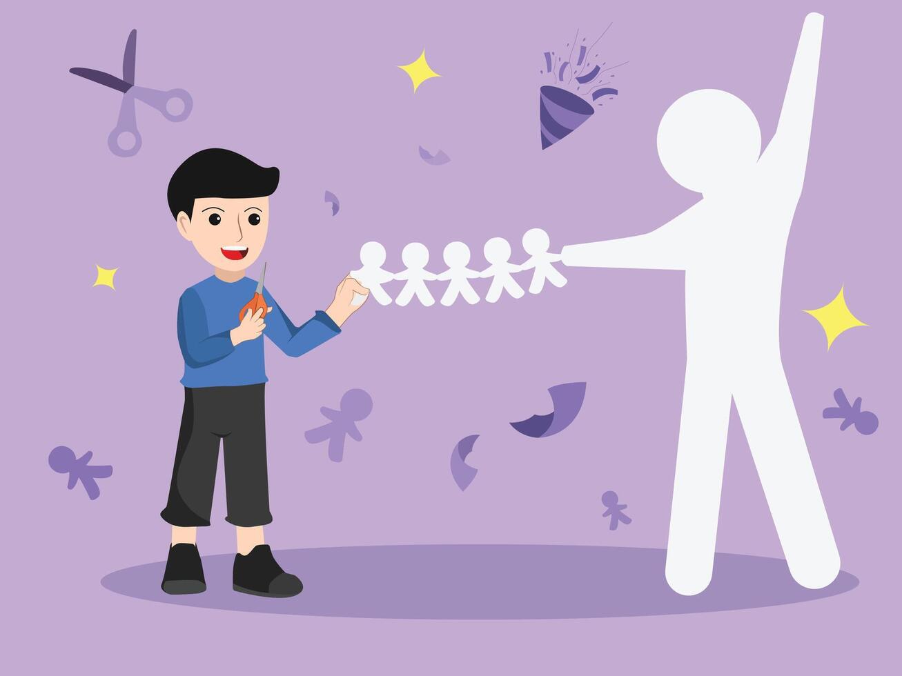 Creative Boy Making a Paper Chain of People, Symbolizing Unity and Craftsmanship. vector