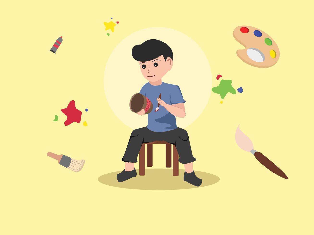 Boy Artist Hand Painting a Decorative Pot with Creativity and Precision. vector