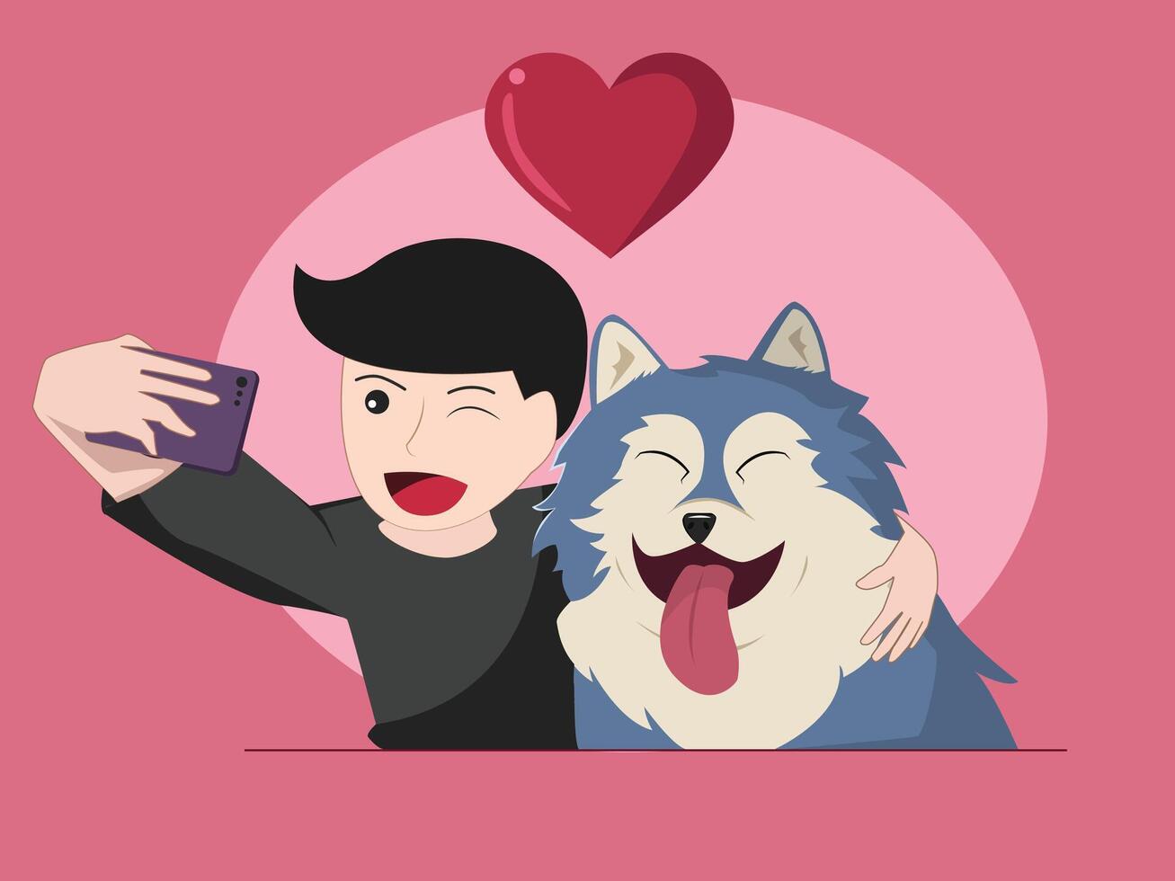 Adorable Cartoon Illustration of a Happy Boy Taking a Selfie with His Fluffy Dog vector