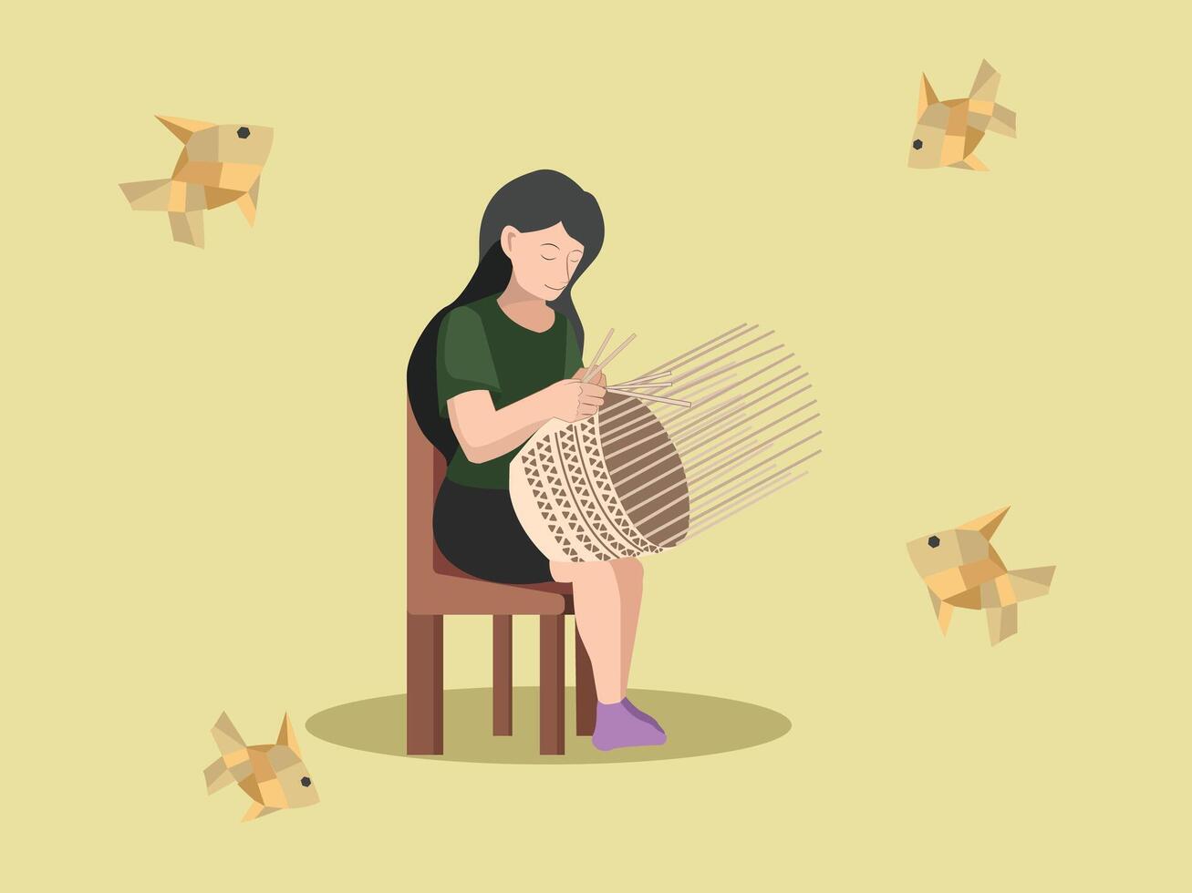Talented Woman Engaged in Traditional Basket Weaving, Showcasing Handmade Craftsmanship. vector