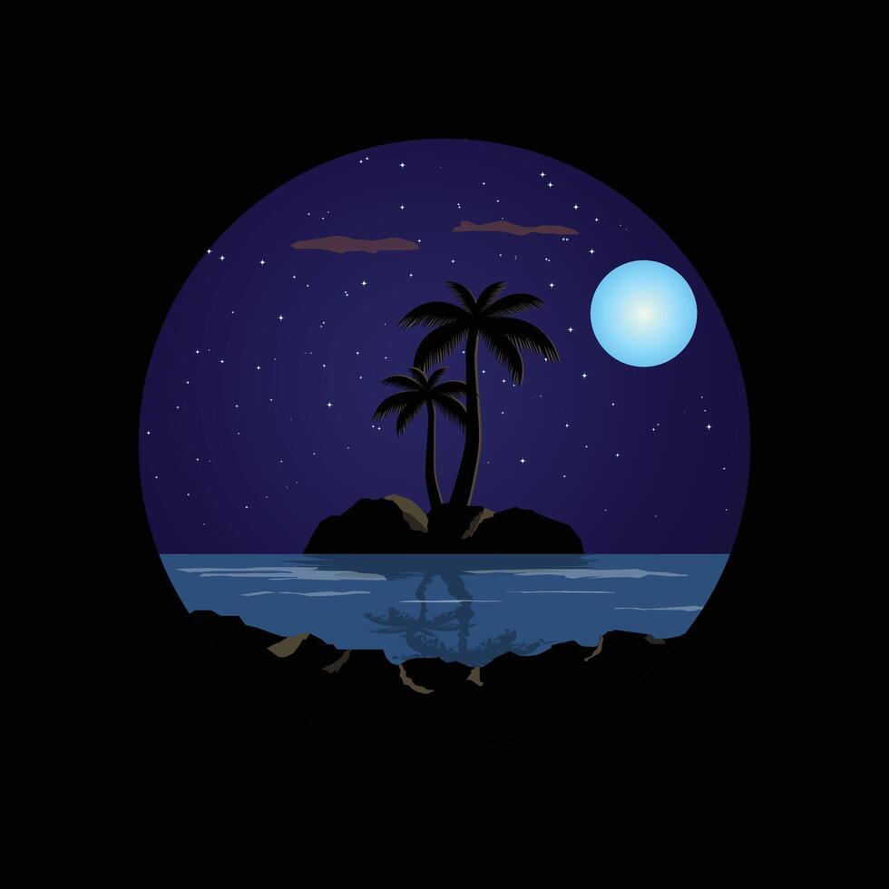 Moonlit tropical beach with palm trees and stars. decoration template vector