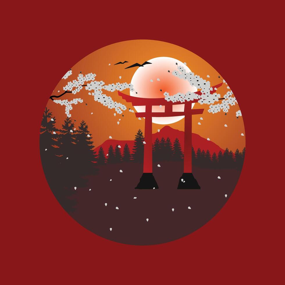Torii Gate Illustration Design with Cherry Blossoms in Red Color and fullmoon vector