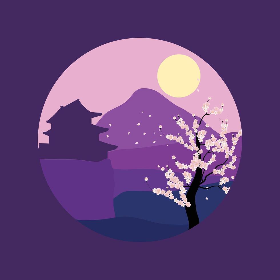 illustration template design with sakura cherry blossom and temple, natural views and full moon suitable for decoration vector