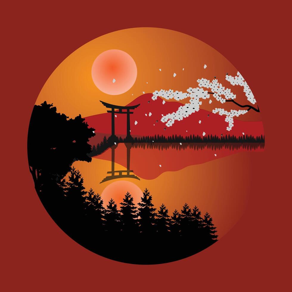Torii Gate Illustration Design with Cherry Blossoms in Red Color and full moon, illustration template vector