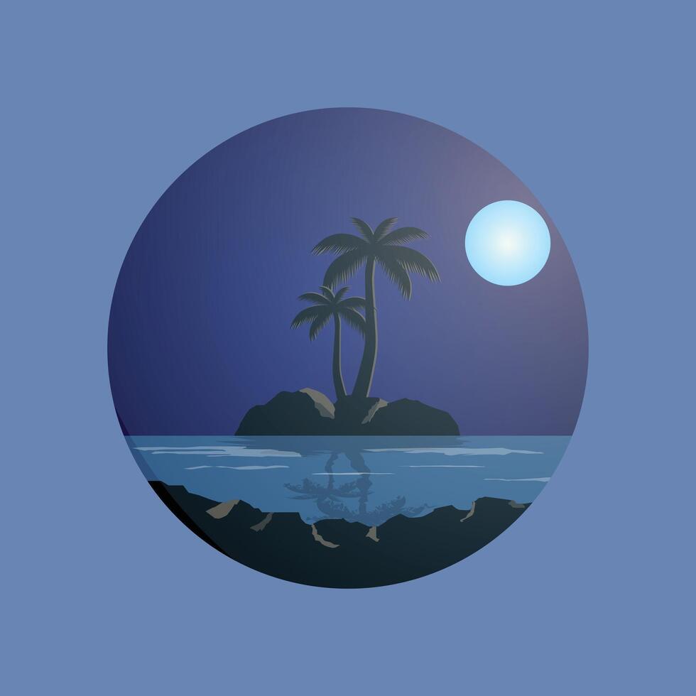 Tropical island with palm trees on the beach at night with ocean waves and a clear sky, evoking a peaceful vacation paradise atmosphere vector