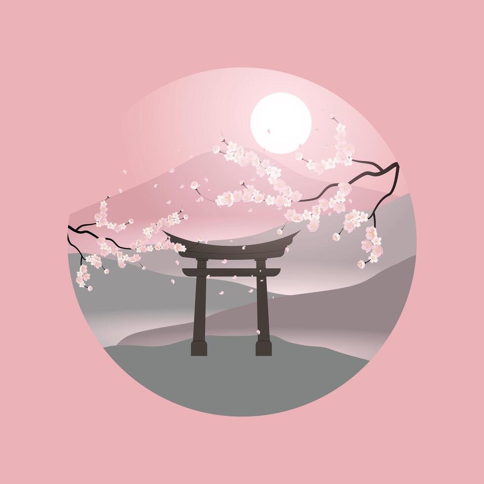 illustration template design with sakura cherry blossom and Torii gate, natural views and full moon vector